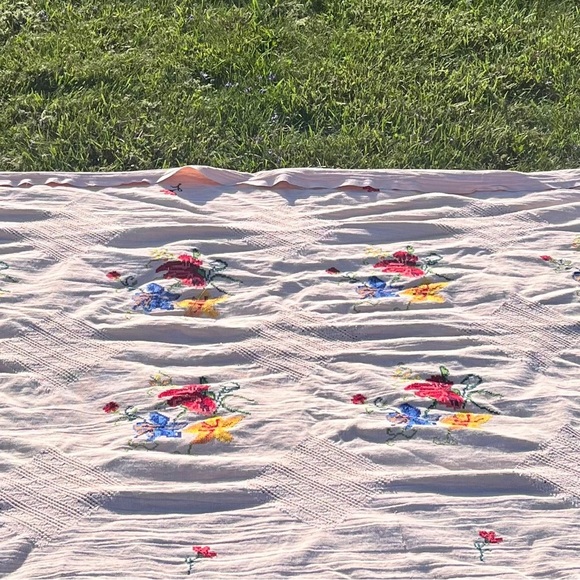 Vtg Beige Handmade Cross Stich Blue Yellow Red Flowers Linen Table Cloth 54x94” - Picture 10 of 12